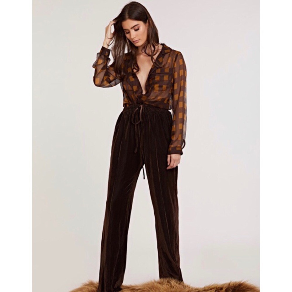 SLNGHR sheer mustard and brown print pajama blouse